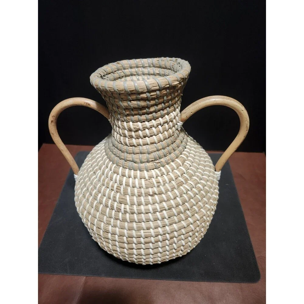 Handmade Woven Wicker Storage Basket with Handles, Rustic Round, Beige Brown